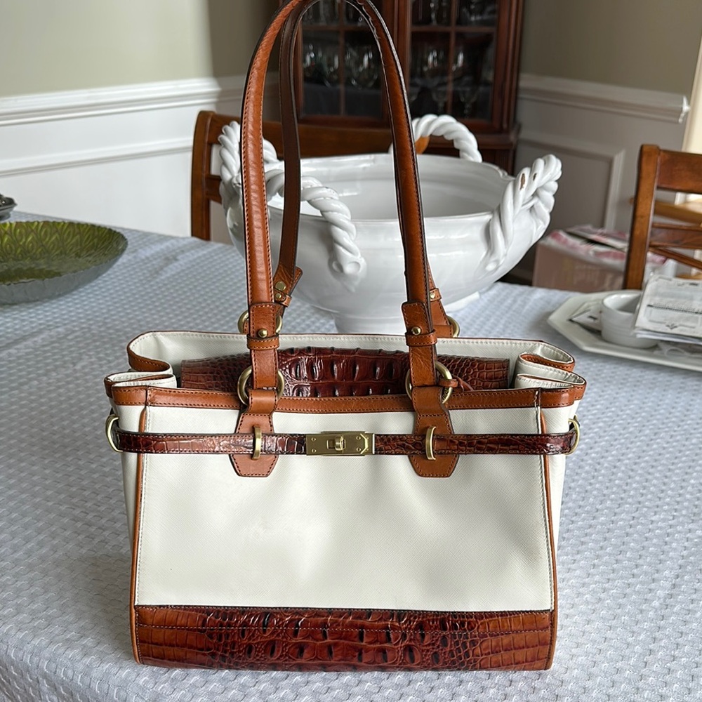 BRAHMIN White and Brown Satchel